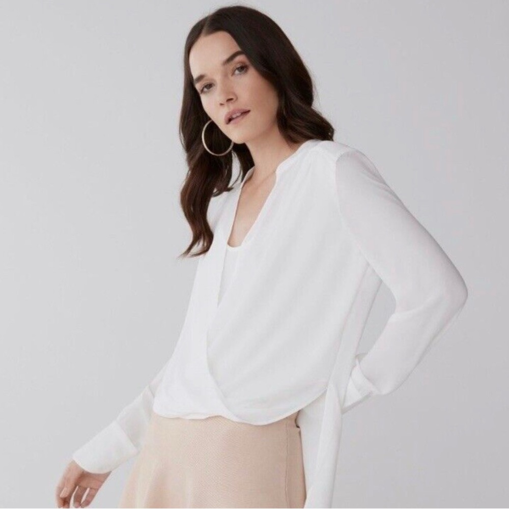 BCBG MAXAZRIA XS Jakkyn Draped Front Blouse High Low Top Alabaster